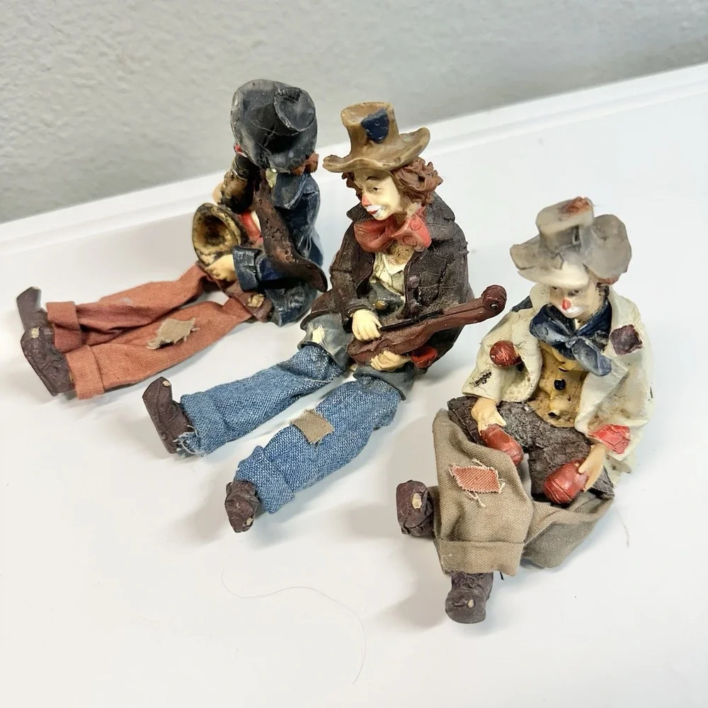Vintage Shelf Sitter Clown Musicians Set of 3 Resin Fabric Legs 3-3.5